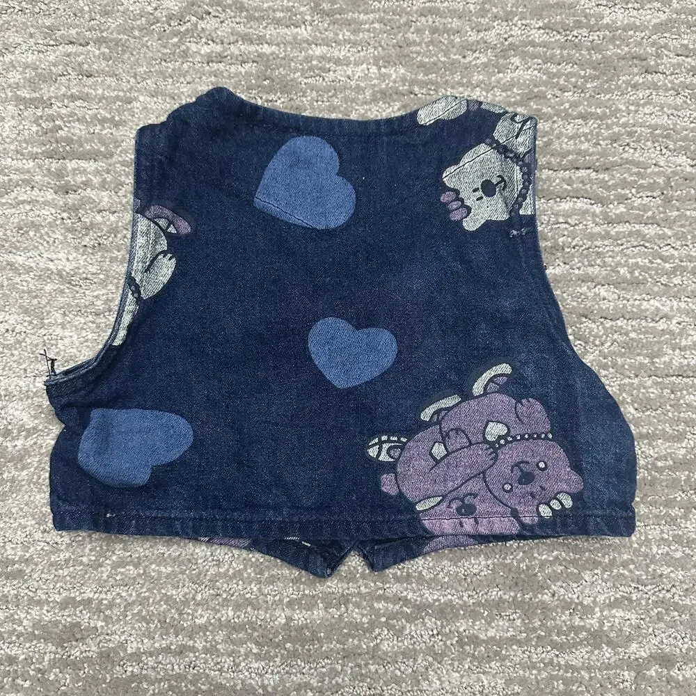 Vintage OshKosh B'gosh Vest Girls 3T Blue Denim Teddy Bear Heart Print USA 90s
